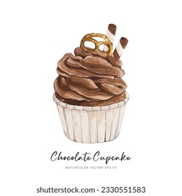 Chocolate cupcake dessert, watercolor food painting vector design isolated on white background