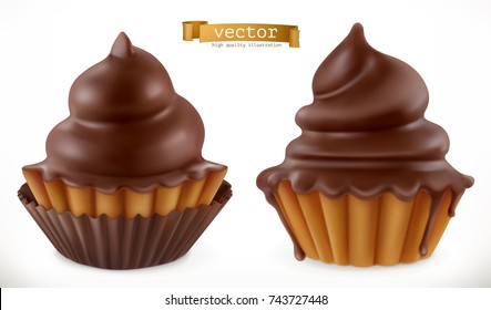 Chocolate cupcake, fairy cake. 3d realistic vector icon.