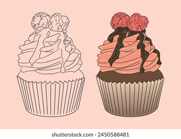 Chocolate cupcake with chocolate frosting, sweet cream and raspberry on top. vector isolated dessert illustration