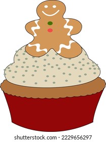 Chocolate cupcake with gingerbread man cookie. Decorative christmas food concept