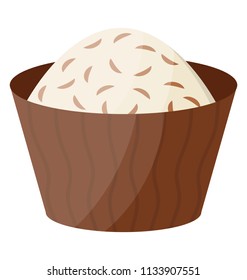 
A chocolate cupcake having scoops of vanilla mounted with brown chips 
