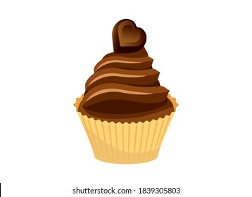 Chocolate cupcake with chocolate heart icon vector. Cupcake with chocolate cream icon isolated on a white background. Delicious chocolate cupcake vector