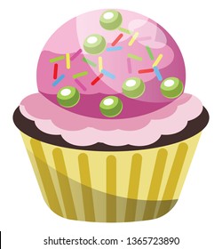 Chocolate cupcake with ice cream and sprinkles illustration vector on white background
