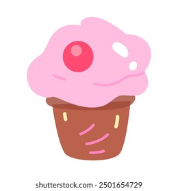 Chocolate cupcake icon. Birthday cake. Tasty dessert cartoon vector illustration. Delicious muffin with cream and cherry. Homemade cupcake. Sweet pastry isolated on white background.