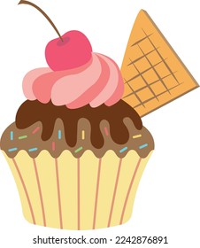 Chocolate cupcake icon. Cherry cream sweet muffin