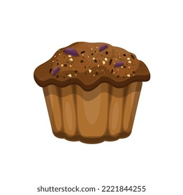 Chocolate cupcake isolated. Muffin with sprinkles. Yummy cake.  Dessert in the café. Pastry in the bakery. Flat vector illustration.