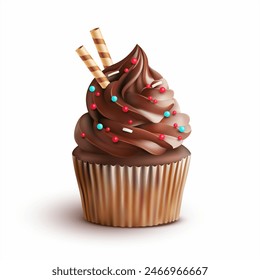 Chocolate cupcake isolated on white. Vector illustration.