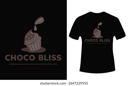 Um logotipo de cupcake de chocolate é exibido ao lado de uma maquete de uma camiseta preta, ambas com o mesmo design.