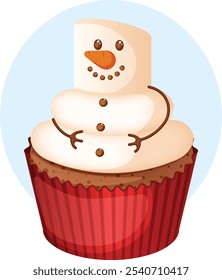 Bolo de Chocolate com creme de marshmallow Fazendo um boneco de neve em cima. Kawaii Snowman Cupcake Vetor Arte 