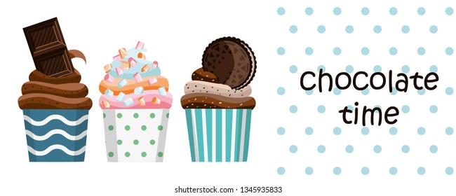 Chocolate cupcake, marshmallow cupcake, cream-chocolate cupcake on a white background. Three muffins in a row with chocolate cream, marshmallows and chocolate chip cookies.