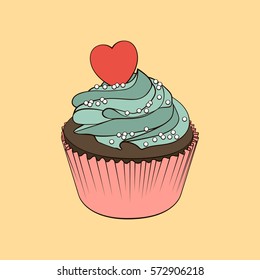 Chocolate cupcake with mint cream and heart