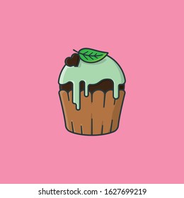 Chocolate cupcake with mint icing vector illustration for Chocolate Mint Day on February 19th. Delicious pastry color symbol.