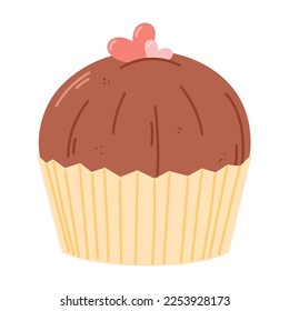 Chocolate cupcake or muffin decorated with hearts. Vector isolated cartoon illustration of dessert.