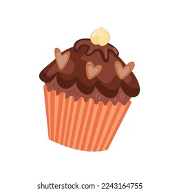 Chocolate cupcake or muffin vector illustration. Drawing of little cake with frosting isolated on white background. Holiday, dessert, decoration concept