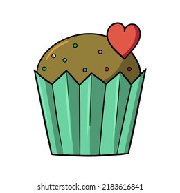 Chocolate cupcake with multicolored round sugar crumbs and a heart, vector illustration in cartoon style on a white background