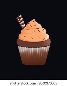 Chocolate cupcake on a dark background. Cute dessert illustrations. Muffins for menus, cafes, postcards, holidays. Vector, eps 10