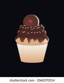 Chocolate cupcake on a dark background. Cute dessert illustrations. Muffins for menus, cafes, postcards, holidays. Vector, eps 10