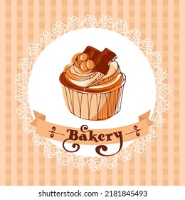 Chocolate cupcake on a lacy napkin on a checkered background. Template for a bakery. Vintage illustration in sketch style in beige tones. For menu, pastry shop, birthday invitation, postcard, poster