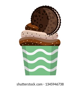 Chocolate cupcake on a white background in a paper cup. Isolated. Muffin with biscuit cream. Decorated with cookies.