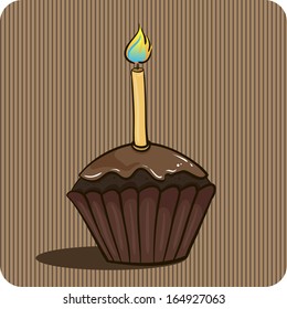 Chocolate cupcake with one candle. Vector