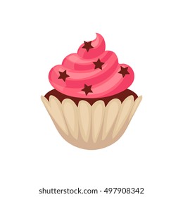 Chocolate cupcake with pink colored icing, cartoon vector illustration isolated on white background. Chocolate muffin, cupcake with pink icing and stars, isolated dessert, yummy looking sweets
