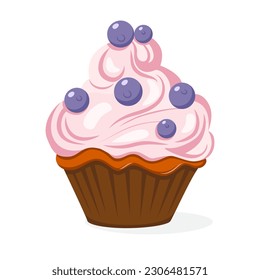 Chocolate cupcake with pink cream and blueberries. Modern flat vector illustration