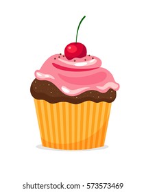 Chocolate cupcake with pink cream and cherry on white background. Vector illustration