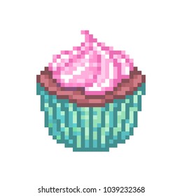 Chocolate cupcake with pink cream icing in a green baking cup, pixel art food icon isolated on white background . Appetizing muffin. Bakery logo. Dessert menu symbol. Old school 8 bit game graphics.
