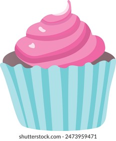 Chocolate cupcake with pink cream on top. Vector illustration in simple flat style on white background