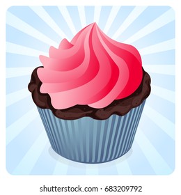 Chocolate cupcake with pink cream on a blue background