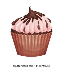 Chocolate cupcake with pink cream. Vector illustration on a white background.