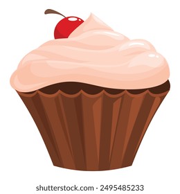 Chocolate cupcake with pink frosting and a cherry on top, perfect for illustrating a bakery menu or a sweet treat