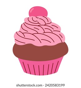 chocolate cupcake with pink whipped cream, food vector illustration, baked sweets, flat style muffin