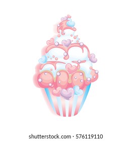 Chocolate cupcake with pink and white cream. Cake with colorful hearts. Vector illustration for a card or poster, print on clothes. St. Valentine's Day.