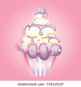 Chocolate cupcake with pink and white cream. Cake with colorful hearts. Vector illustration for a card or poster, print on clothes. St. Valentine's Day.