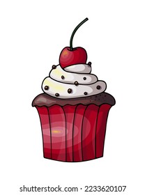 chocolate cupcake with red ripe cherry and whipped cream on a white background