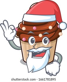 Chocolate cupcake in Santa cartoon character style with ok finger