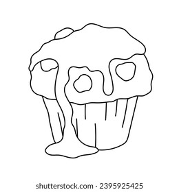 Chocolate cupcake with sauce. Coloring book for children and adults. Vector black and white illustration.