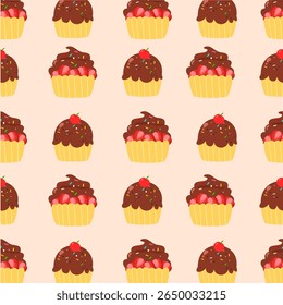 Chocolade cupcake naadloos patroon met kersen en aardbeien. Voedselillustratie. Woestijncartoon. Kan worden gebruikt voor behang, papier verpakking, print en mode stof
