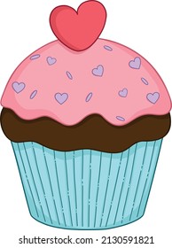Chocolate cupcake with strawberry icing, decorated with pink heart for Valentine's Day