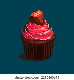 Pastel de chocolate con fresa. Ilustración vectorial al estilo de las caricaturas.