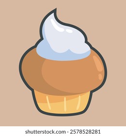 chocolate cupcake with vanilla cream with outline flat vector design.