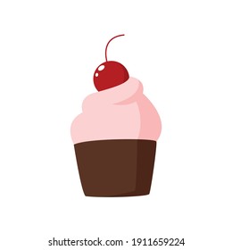 Chocolate cupcake vector illustration. Flat illustration of cupcake with pink cream and cherry on top. Pastry, sweet, dessert, cooking.