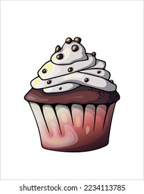 chocolate cupcake with whipped cream and chocolate beads decorated with gold on a white background