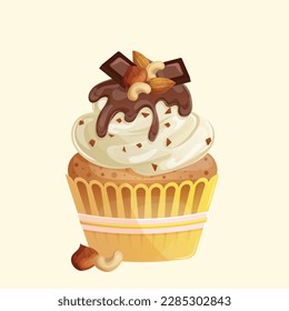 Chocolate cupcake with white cream, sprinkles, chocolate topping, nuts and chocolate pieces. Cute cartoon nut muffin with chocolate flavor. Illustration for confectioner or pastry shop