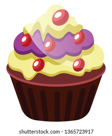 Chocolate cupcake with yellow and purple icings illustration vector on white background