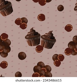 chocolate cupcakes with chocolate balls seamless pattern