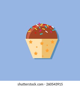 Chocolate cupcakes with colorful sprinkles, with shadow. Icon, flat design, vector