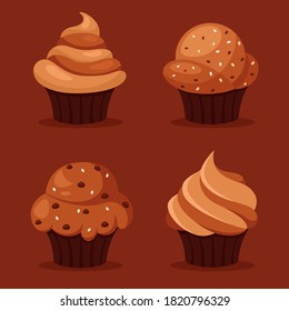 Pasteles de chocolate. Muletas de chocolate. Bollería, helados de chocolate. Ilustración vectorial en un estilo plano.