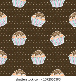 Chocolate cupcakes on a brown background, cute seamless pattern, vector illustration.